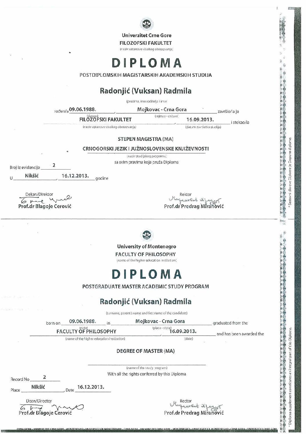 My master diploma (Montenegrin language)